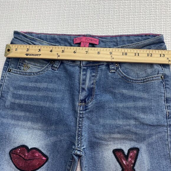 Betsey Johnson Girls 14 XOXO Sequin Embellished Patched Distressed Light Jeans - Picture 3 of 9